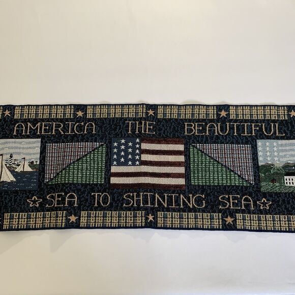 Vintage Tapestry Table Runner America the Beautiful Blue USA Warren Kimble 12x72 - Picture 2 of 6